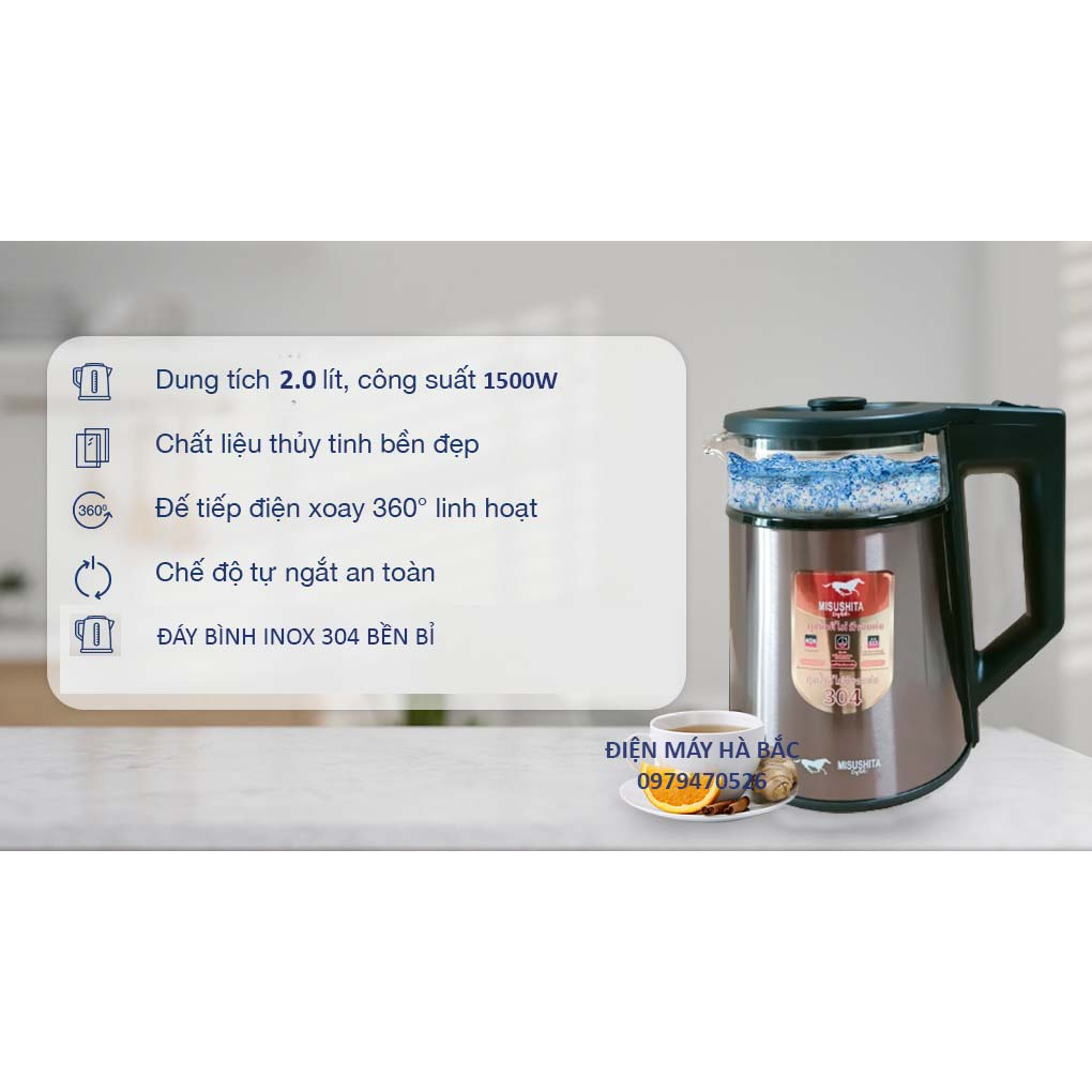 Bình đun siêu tốc MISUSHITA 2.0 lít MS-2329   BẢO HÀNH CHÍNH HÃNG 12 THÁNG