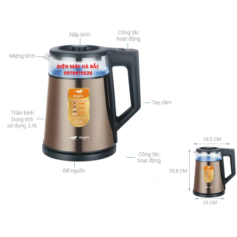 Bình đun siêu tốc MISUSHITA 2.0 lít MS-2329   BẢO HÀNH CHÍNH HÃNG 12 THÁNG