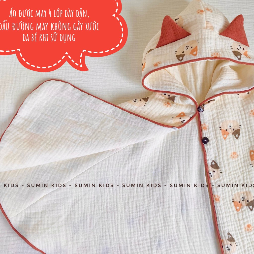 Áo choàng xô Muslin 4 lớp cho bé Sumin, áo khoác chống nắng cho bé