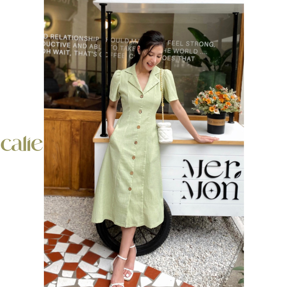Váy midi 7 mảnh cổ 2 ve đính cúc dáng dài Calie VM105