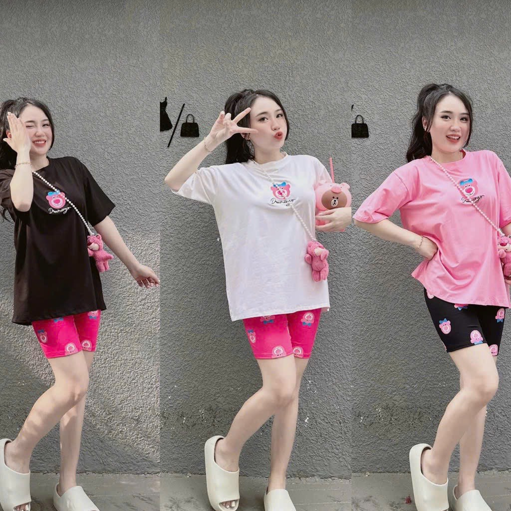Set bộ áo thun trơn from rộng in gấu dâu mix quần lửng ngố in full hình gấu cute, bộ thun lửng gấu dâu hottren mtb