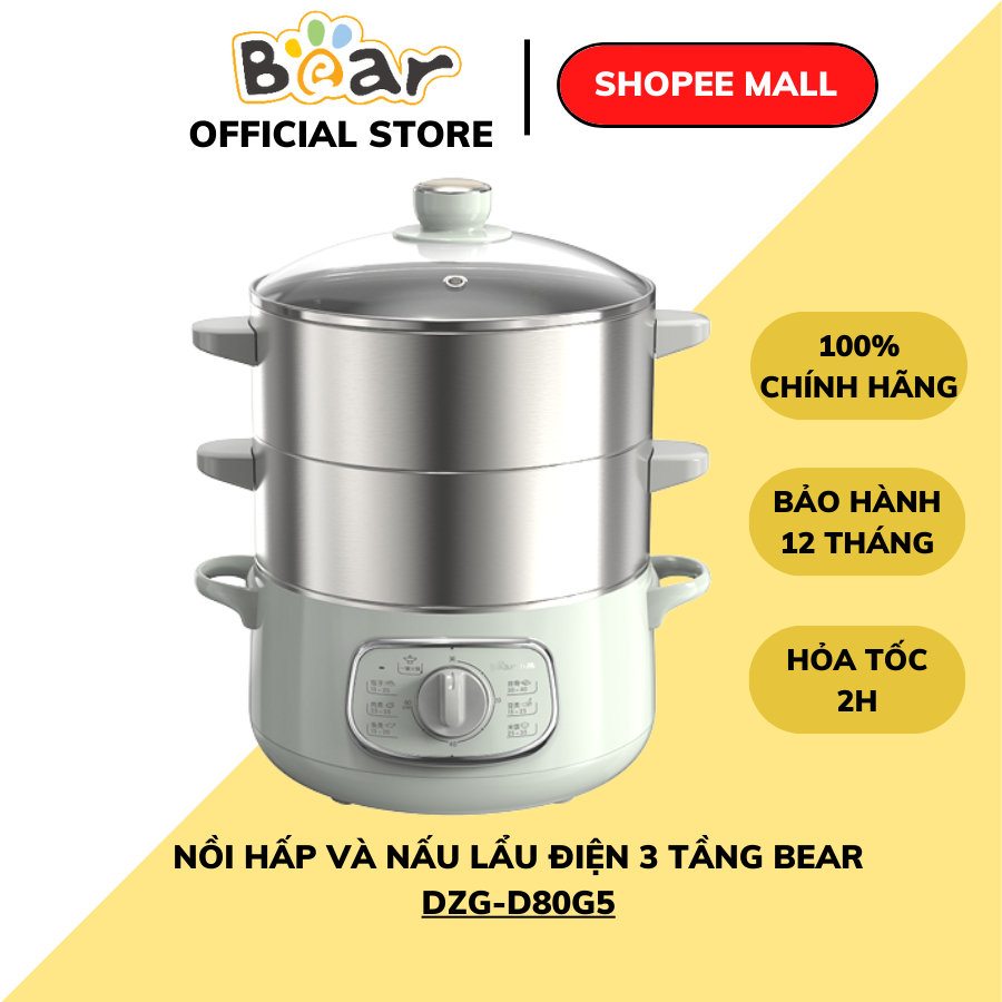 Nồi lẩu, hấp, hầm đa năng BEAR D80G5, công suất 1300W, dung tích 10L dùng cho gia đình, tự ngắt điện, BH 12 tháng