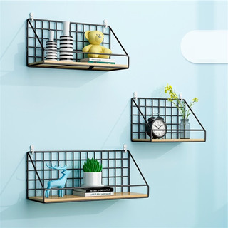 Kệ sắt đáy gỗ treo tường trang trí,kệ lưới có rào chắn decor phòng để đồ tiện dụng size s