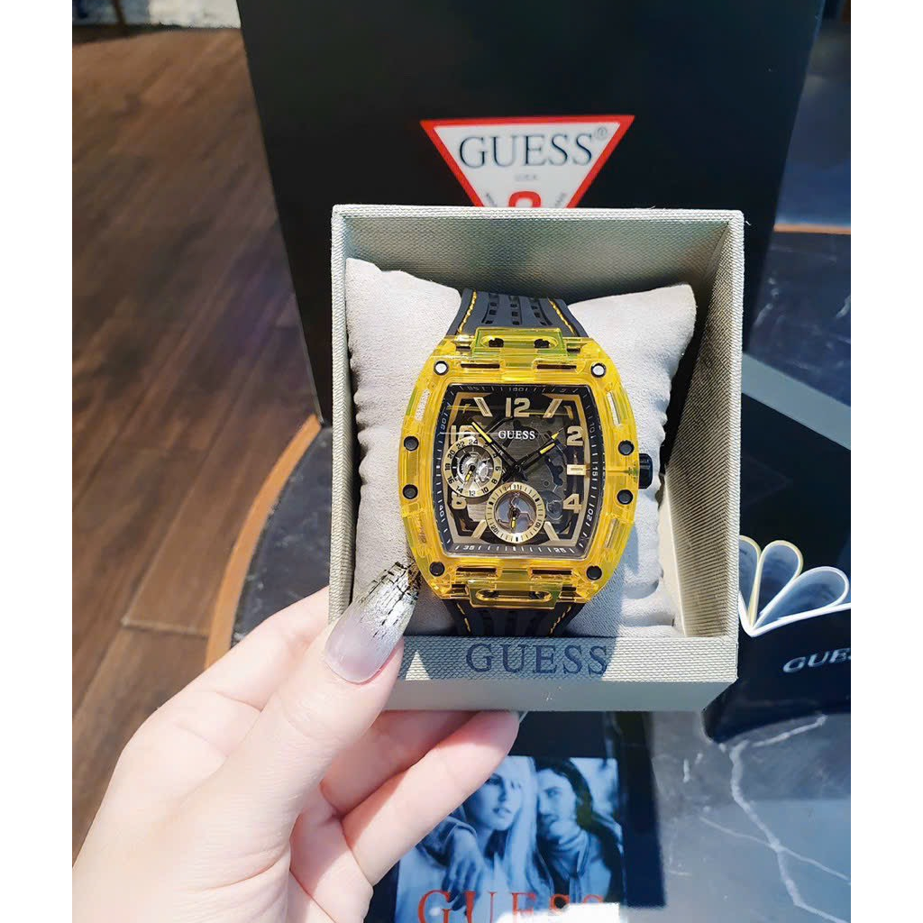 Đồng Hồ Nam Guess GW0499G2, Dây Cao Su Màu Đen Vỏ Vàng, Size 44mm