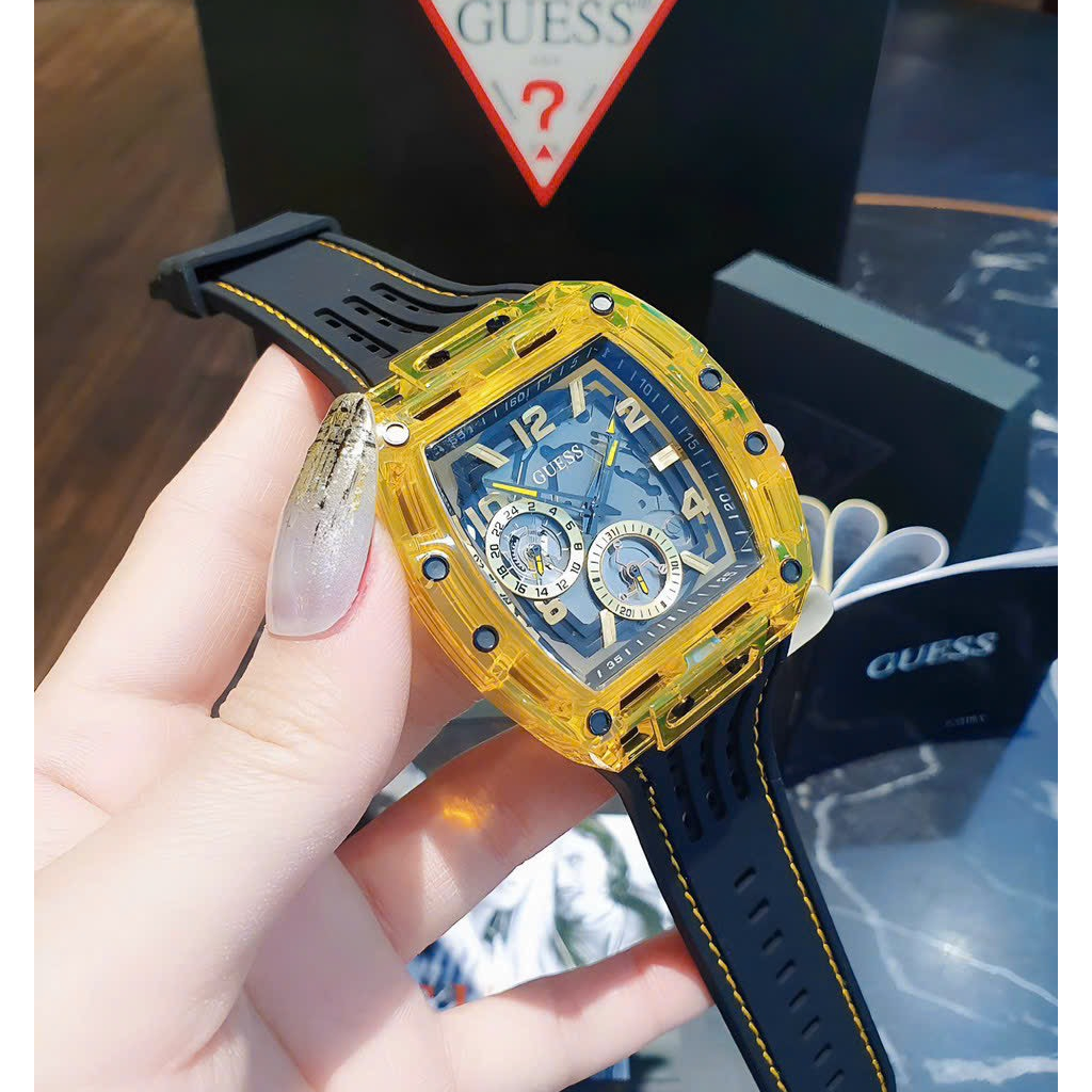 Đồng Hồ Nam Guess GW0499G2, Dây Cao Su Màu Đen Vỏ Vàng, Size 44mm