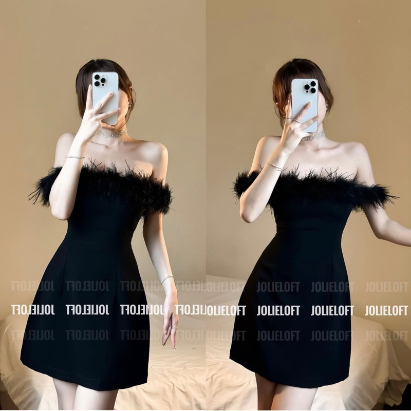 Váy Umi Trễ Vai Đính Lông Vũ Có đệm ngực ( ảnh thật) sẵn ship ngay
