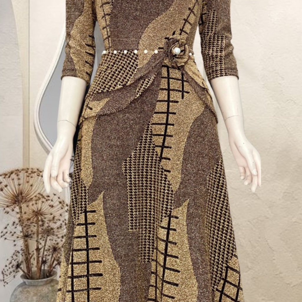 Đầm trung niên dự tiệc sang trọng vải kim tuyến nhũ kim sa tặng mẹ co giãn tốt bigsize 80kg DN21