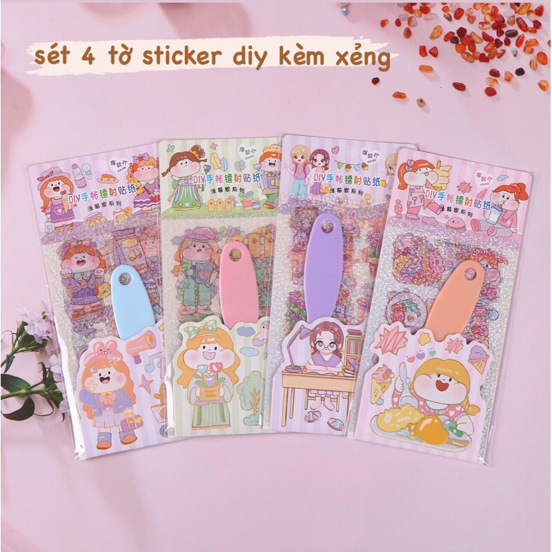 Sét 4 tấm sticker hình dán lấp lánh DIY kèm xẻng trang trí sách vở bình nước…