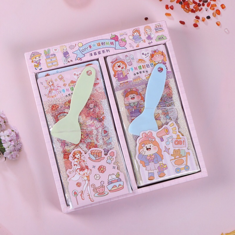Sét 4 tấm sticker hình dán lấp lánh DIY kèm xẻng trang trí sách vở bình nước…