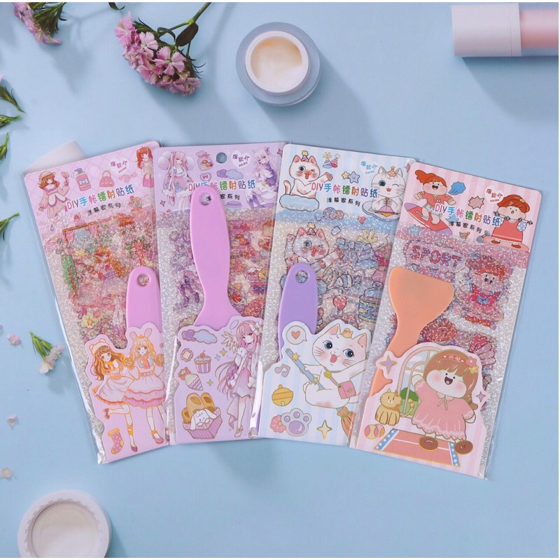 Sét 4 tấm sticker hình dán lấp lánh DIY kèm xẻng trang trí sách vở bình nước…