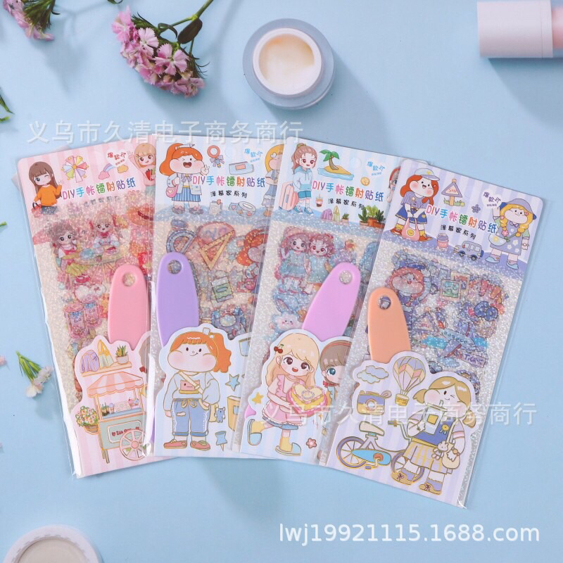 Sét 4 tấm sticker hình dán lấp lánh DIY kèm xẻng trang trí sách vở bình nước…