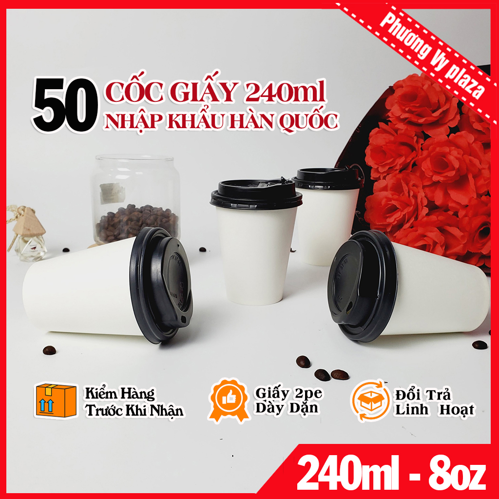 50 chiếc cốc giấy kèm nắp 240ml size 8oz Ly giấy NHẬP KHẨU HÀN QUỐC