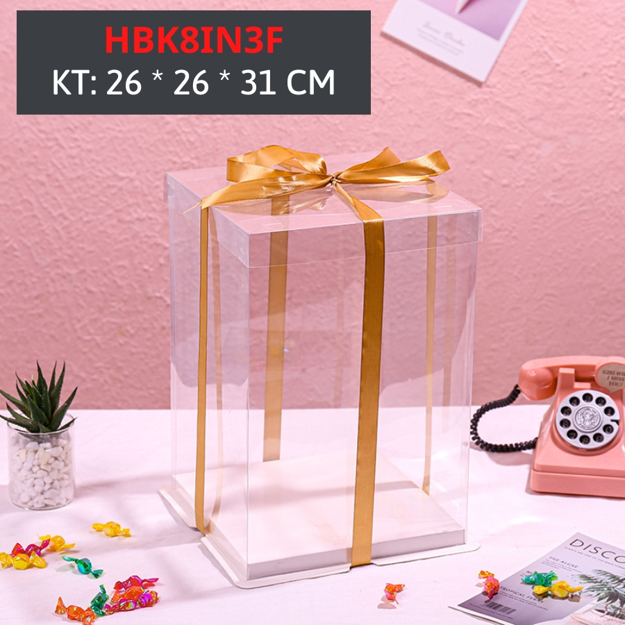 Hộp Đựng Bánh Kem Gato Sinh Nhật Mica 8 Inches Hình Vuông Đáy 26x26 CM 1 2 3 Tầng Phụ kiện Trang Trí Bánh Trong Suốt