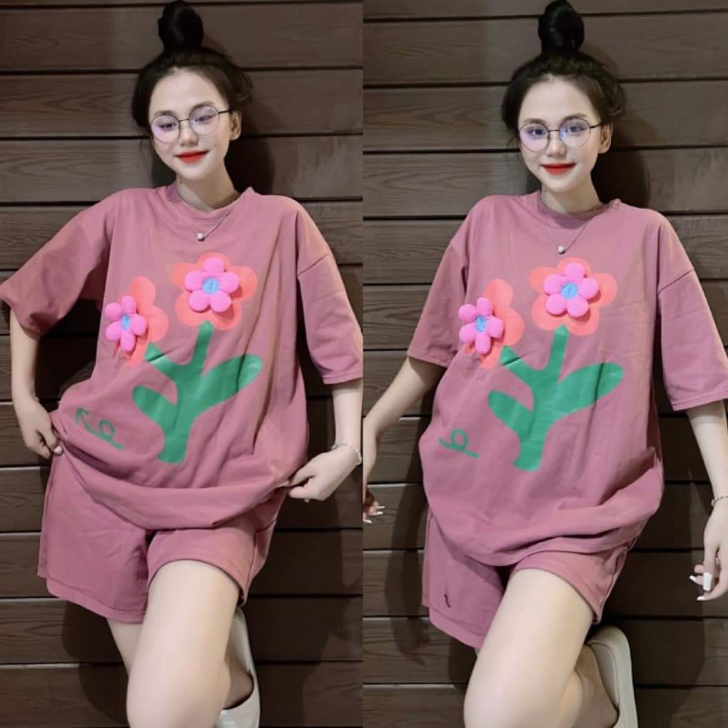 Set Đùi Cotton Áo Thêu hoa Nổi Bigsize Mặc Nhà 4 Màu
