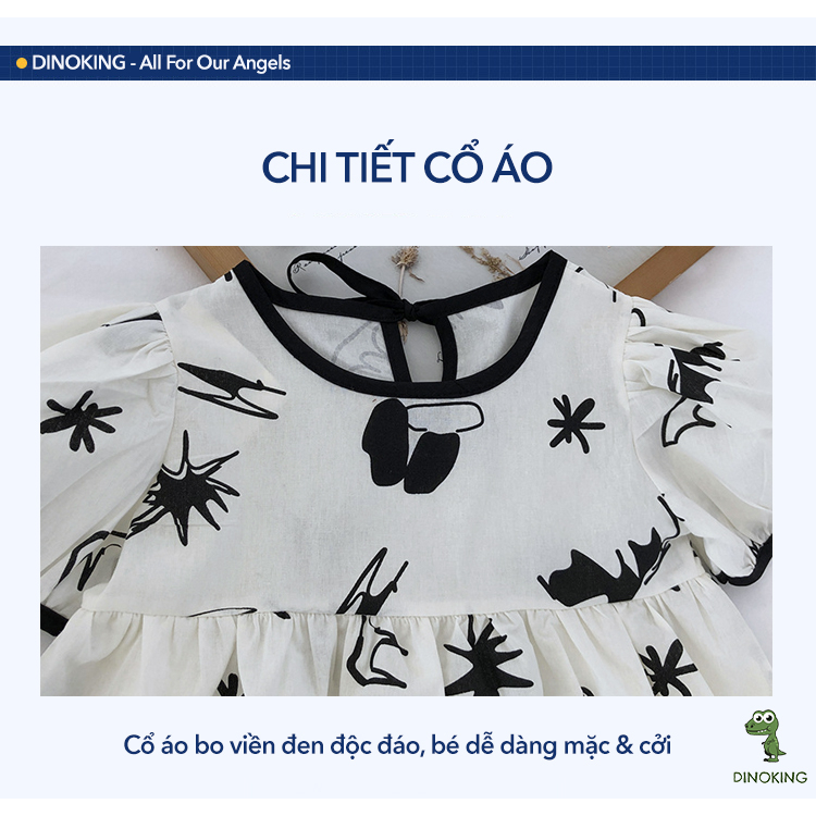 Bộ đồ đi biển bé gái DINOKING Set áo baby doll tay bồng + quần short họa tiết cá tính chất lanh cotton mềm mịn DB36