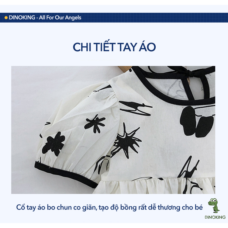Bộ đồ đi biển bé gái DINOKING Set áo baby doll tay bồng + quần short họa tiết cá tính chất lanh cotton mềm mịn DB36