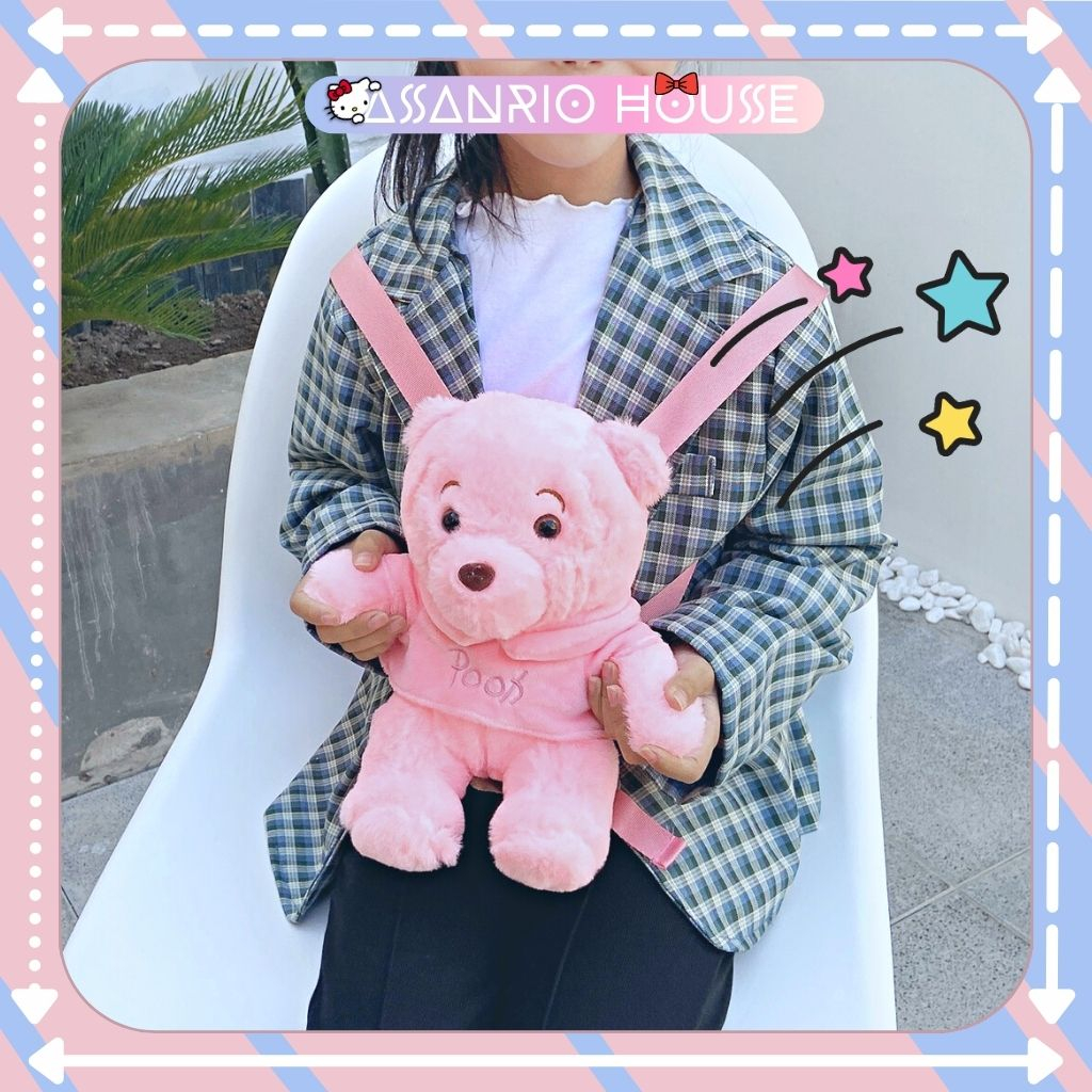 Balo Gấu Pooh Hồng Nhồi Bông Siêu Đáng Yêu, Balo Gấu Bông Thời Trang Lolita - Túi Gấu Bông ASANRIO HOUSE