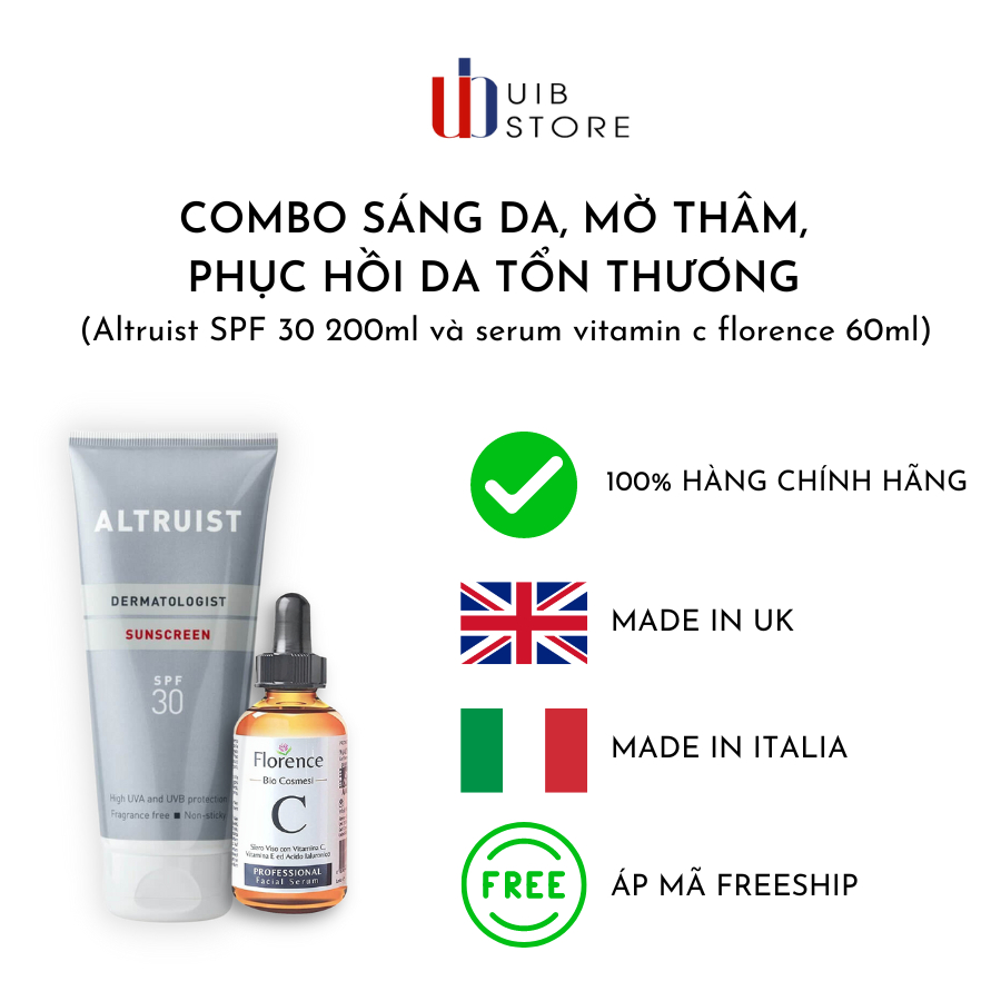 Combo trắng da, mờ thâm, chống nắng (altruist SPF 30 200ml và serum vitamin c florence 60ml)