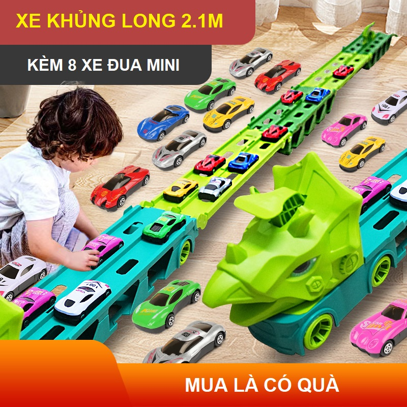 Ô tô đồ chơi khủng long hotwheels 3 tầng kèm 8 xe đua mini đường đua dài 1.65 - 2m gấp gọn cho bé, quà tặng sinh nhật