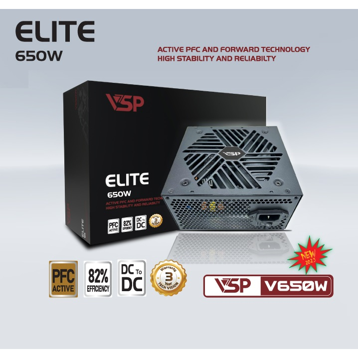 Bộ Nguồn máy tính Công Suất Thực VSP Elite V650W Dual Cpu Cable, Active PF , Kèm Dây Nguồn ,- Hàng Mới Chính Hãng BH36T