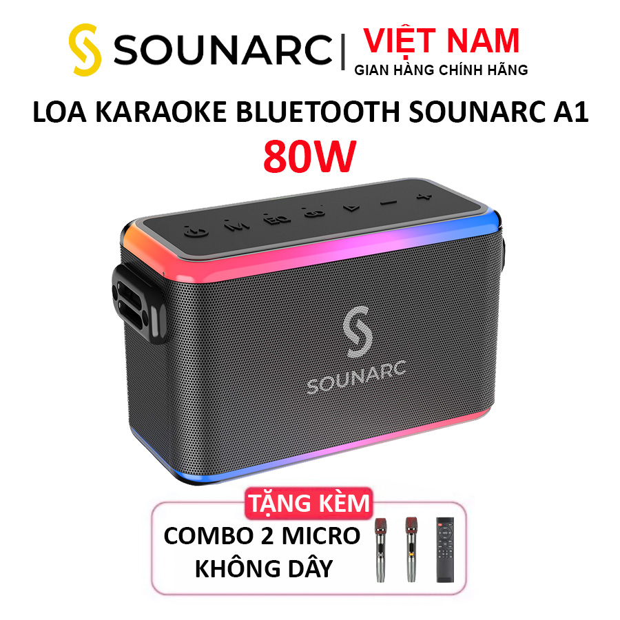Loa Karaoke Bluetooth 5.3 Sounarc A1 + 2 Micro Không Dây Công suất Max 80W, Pin Tích Hợp 6000mAh, Chống nước IPX6