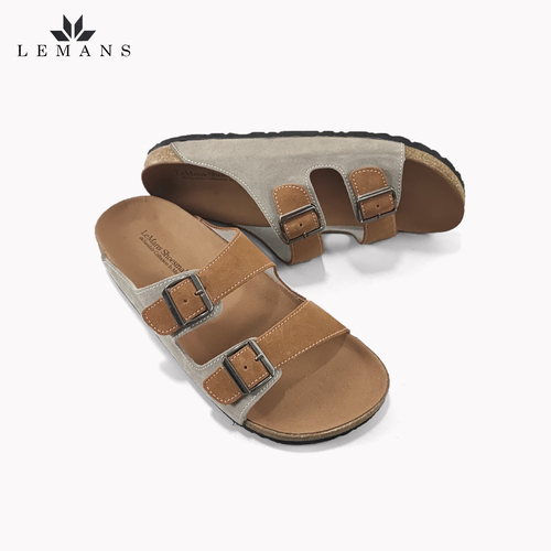 Dép Da Bò Lộn Phối 2 màu Nâu-Xám Đế Trấu Quai Ngang LEMANS May Sandals - Brown&Light Grey. Quai điều chỉnh. BH 6 tháng