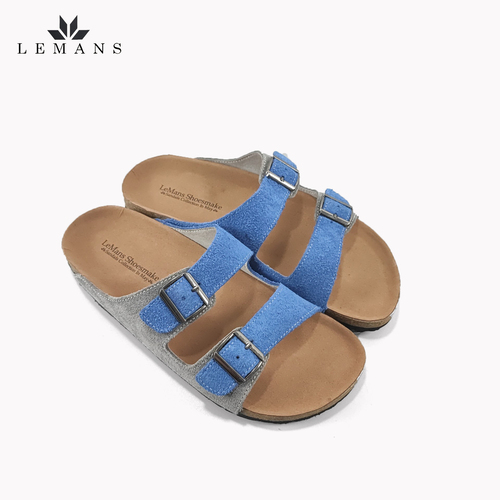 Dép Birken Đế Trấu Da Bò Lộn LEMANS May Sandals - Blue&Grey. Đế 2.5cm Quai điều chỉnh Bảo hành chính hãng 6 tháng
