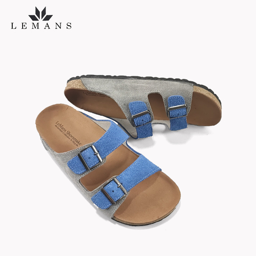 Dép Da Bò Lộn Phối 2 màu Xanh-Xám Đế Trấu Quai Ngang LEMANS May Sandals - Blue&Grey. Quai điều chỉnh. Bảo hành 6 Tháng