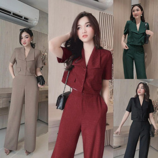 Set Đồ Nữ - Set nguyên bộ quần dài ống suông áo croptop cổ vest 2 nắp túi giả xinh xắn NangDong TJ1170