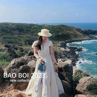 Váy maxi cổ V nhún ngực tay pha ren mặc đi biển, đi du lịch 23'September Clothes