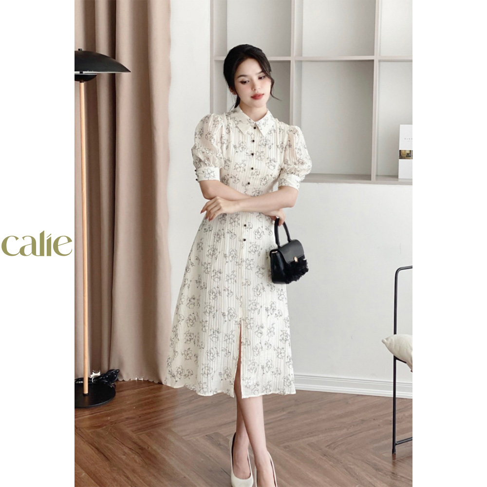 Váy midi A cổ đức tay ngắn xẻ thân trước đính cúc bọc trang trí Calie VM107