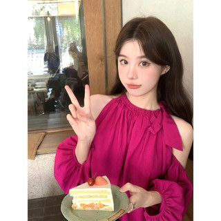 Áo sơ mi kim hồng cổ tròn khoét vai tay lửng bồng