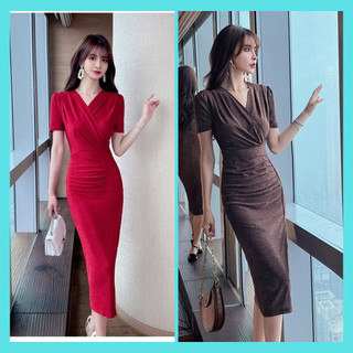 Đầm Body Nữ, Váy Dự Tiệc Nữ Xẻ Đuôi Cá Cổ V Vải Ánh Kim Cao Cấp Quảng Châu Sang Trọng