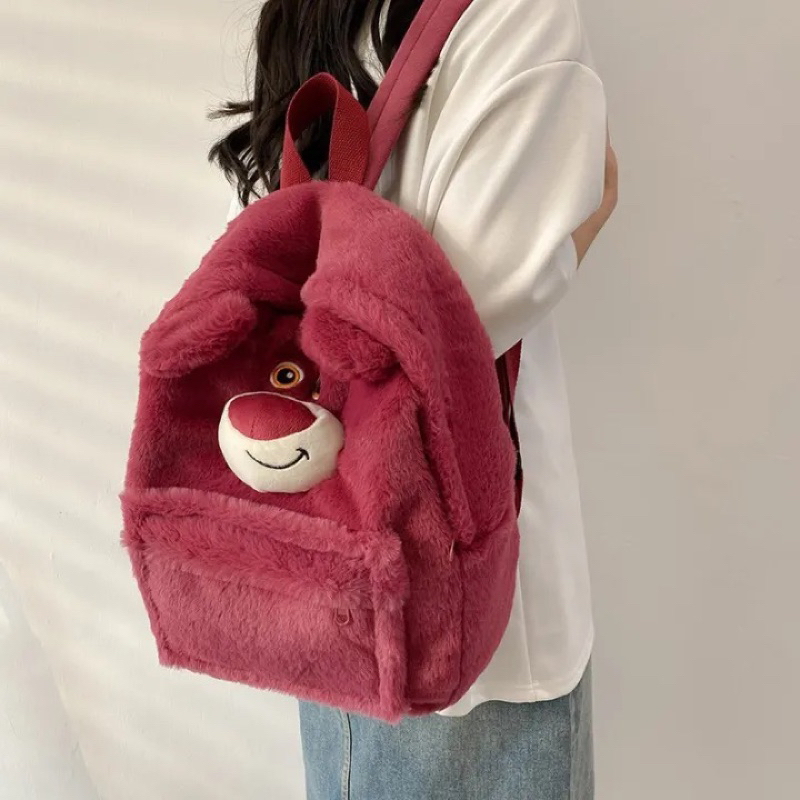 Balo Lông Gấu Dâu Lotso Bear Mềm Mịn, Kích Thước Lớn Đi Học Tiện Lợi, Siêu Cute
