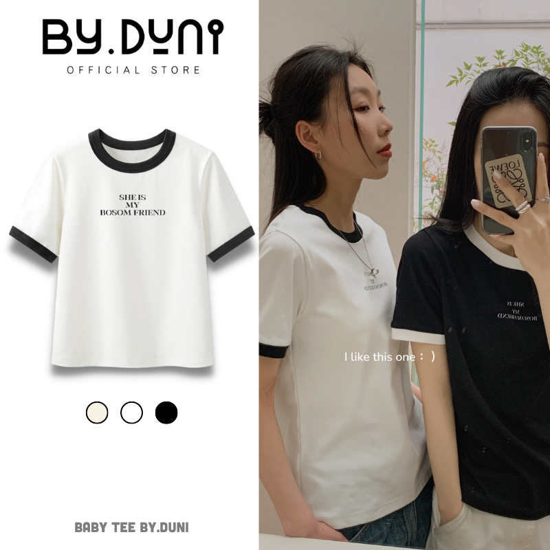 Áo Thun Baby Tee By.duni mẫu Bosom Friend Unisex, áo cặp bạn thân màu đen trắng phối viền tay chất vải cotton có bigsize