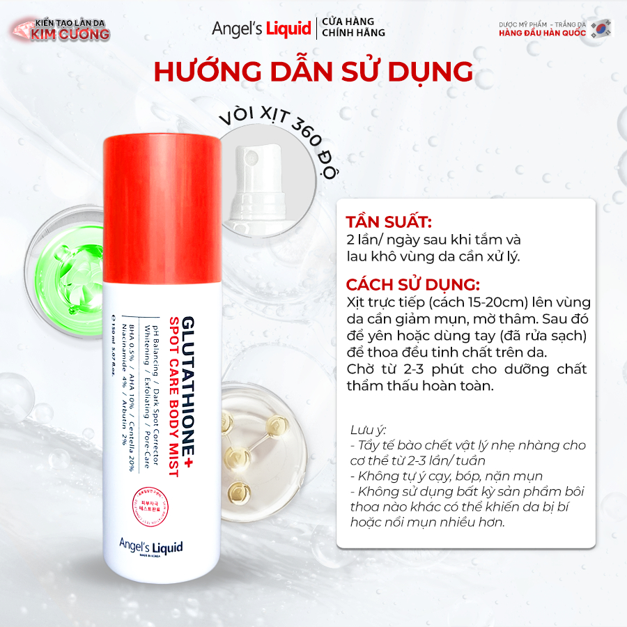 [PHIÊN BẢN NÂNG CẤP] Xịt Giảm Mụn Lưng Sáng Da Cơ Thể Angel's Liquid Glutathione+ Spot Care Body Mist 150ml