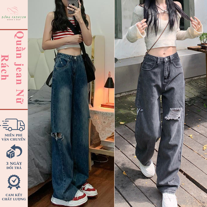 Quần jean nữ đen xám rách gối CẠP CAO BONGSTORE, quần bò jeans rách gối nữ phom rộng phong cách Ulzzang 2023