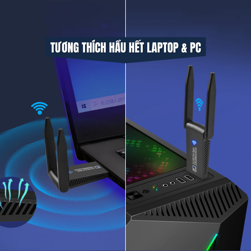 Usb thu wifi 1300 mbps bluetooth 5.0 có dâu giúp kích sóng wifi lên 5Ghz 1300Mbps cho laptop PC máy để bàn