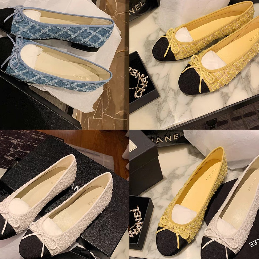 Giày bệt búp bê nữ 2 cm mũi tròn gót vuông vàng xanh bò 2023 BO SHOP