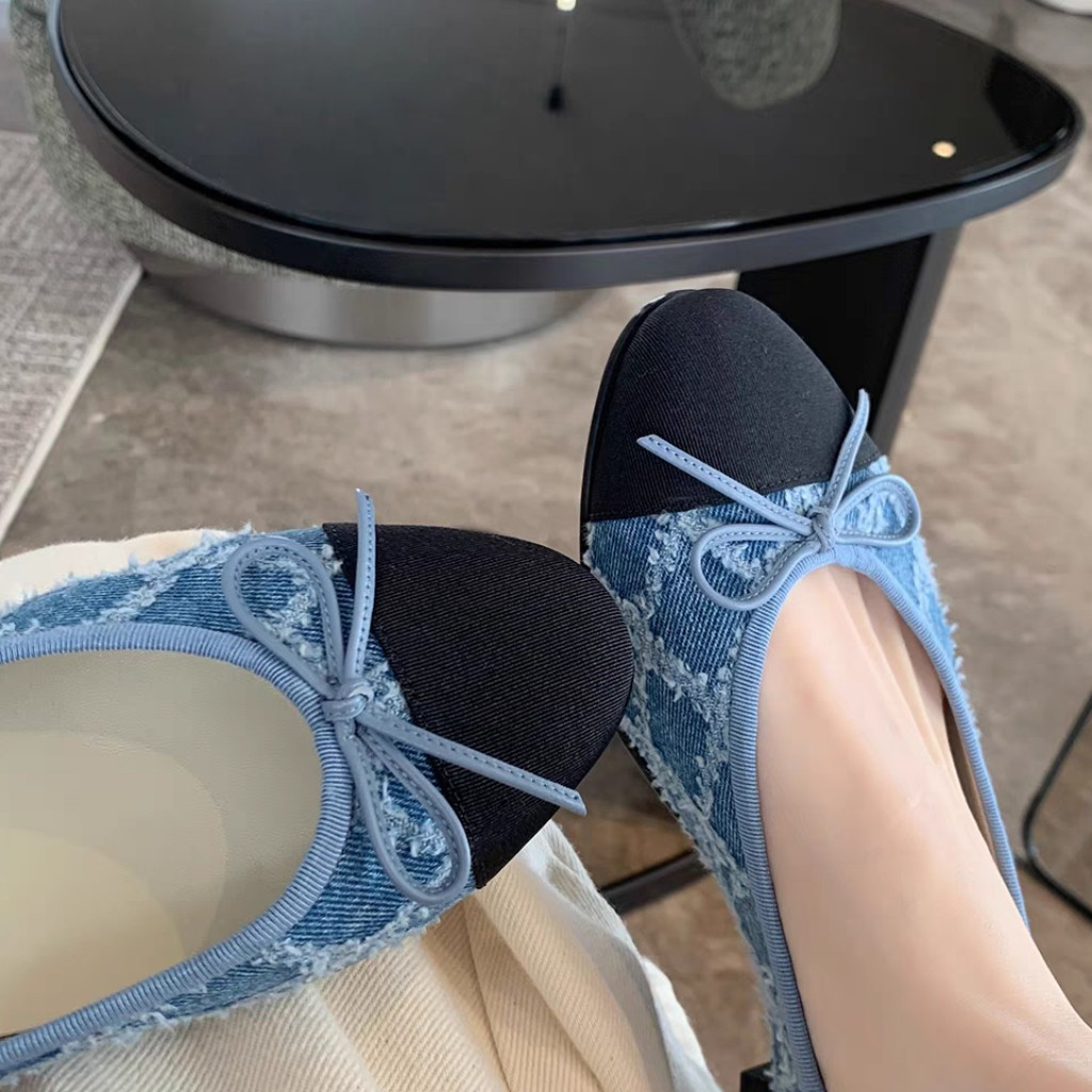 Giày bệt búp bê nữ 2 cm mũi tròn gót vuông vàng xanh bò 2023 BO SHOP