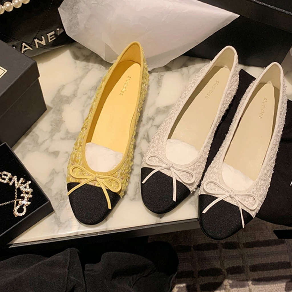 Giày bệt búp bê nữ 2 cm mũi tròn gót vuông vàng xanh bò 2023 BO SHOP