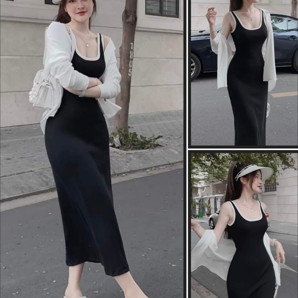 Đầm váu hai dây ôm body dáng dài chạy viền xinh xắn mix áo khoác tơ thụng ngoài xinh xắn quảng châu dành cho các nàng