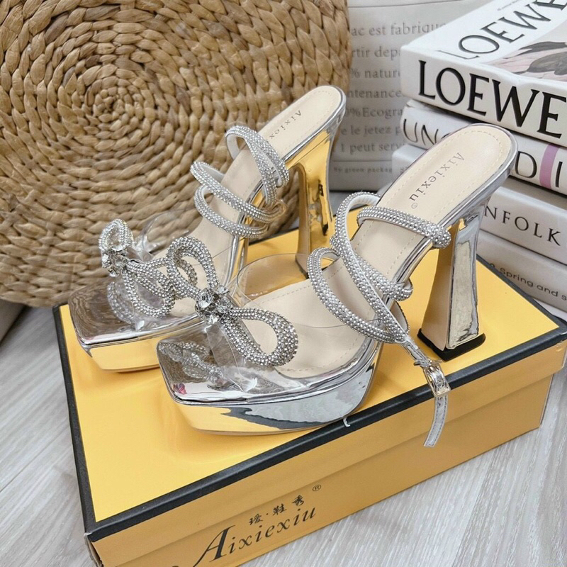 Giày nơ gót đúp chất phi lụ.a