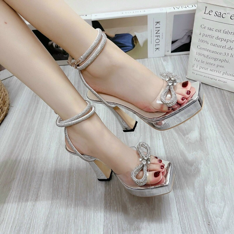 Giày nơ gót đúp chất phi lụ.a