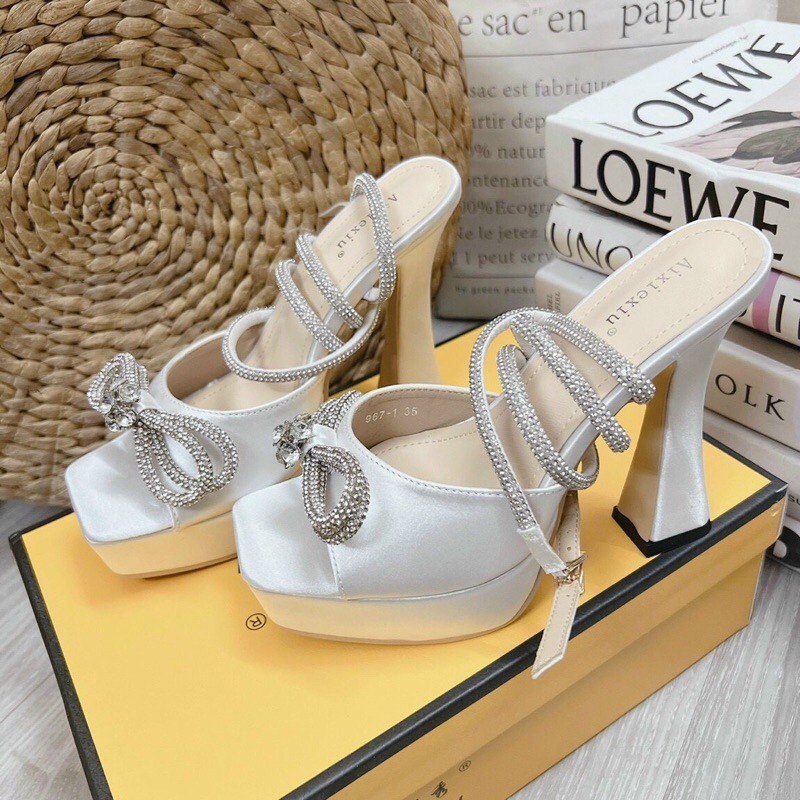 Giày nơ gót đúp chất phi lụ.a