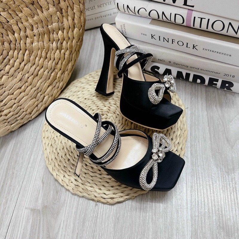 Giày nơ gót đúp chất phi lụ.a