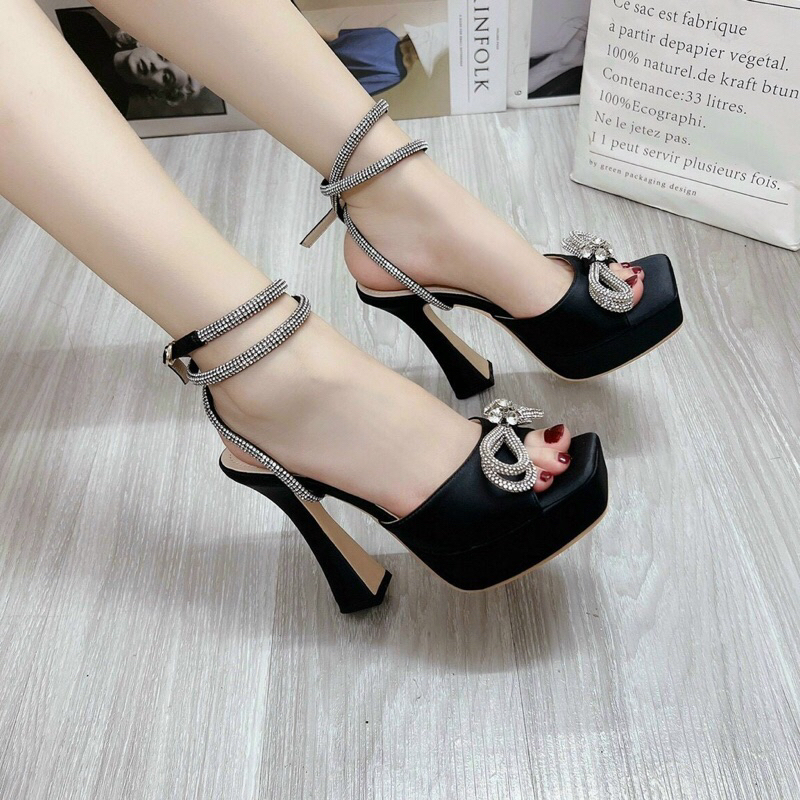 Giày nơ gót đúp chất phi lụ.a