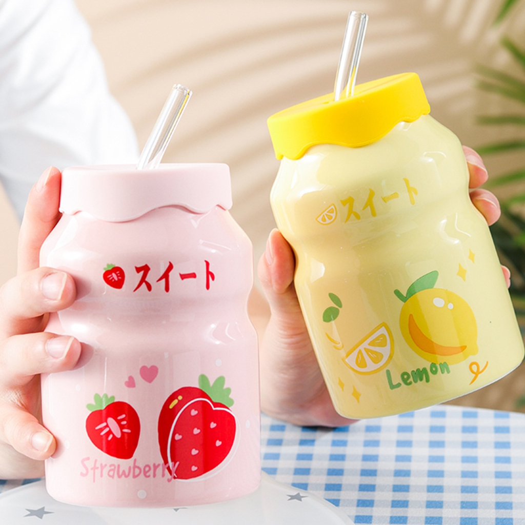 Cốc ly sứ Yakult 500ml dễ thương bình nước cốc sứ có nắp kèm ống hút logo Manulife