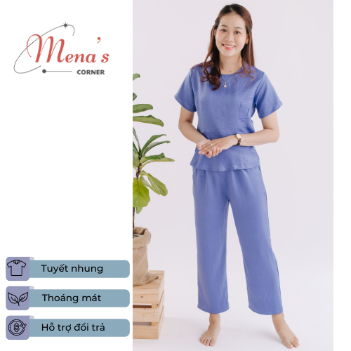 Set bộ nữ mặc nhà áo thun tay ngắn và quần suông dài màu tím hoa cà - Mena's Corner