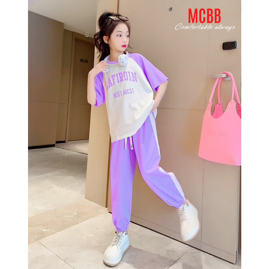 MCBB - 24-49Kg 100% Vải Cotton Bộ Đồ Cho Bé Gái Áo Thun Cộc Tay Quần Dài Bé Gái Jogger Áo Phông Bé Gái Quần Áo Bé Gái Nữ